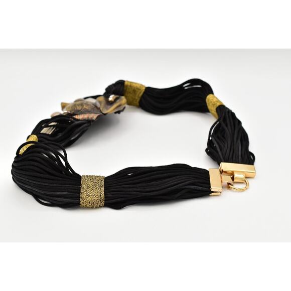 Vintage Made In Italy Waist Belt Mayan Metal Black Weaved Crystal Chunky 26" - Picture 5 of 12